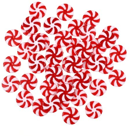 DEARMAMY Weiße Verzierungen 50 Stück Weihnachten Baum Anhänger Perlen mit Loch bonbons Dekorationen, Weihnachtsbaumschmuck Anhänger Deko Acryl Rot&Weiß (25mm) Weihnachtsbaumanhänger