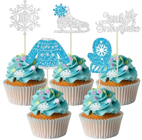 Gyufise 30Pcs Little Snowflake Cupcake Toppers Glitter Skate Shoe Gloves Sweater Cake Topper Decorations for Snowflake Theme Winter Wonderland Baby Shower Birthday Party Supplies Blue