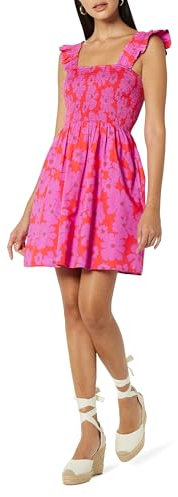 The Drop Kari Ruffled-Shoulder Smocked Mini Dress Robes, Imprimé Floral rétro Rouge Tomate/Rose, XXL Grande Taille