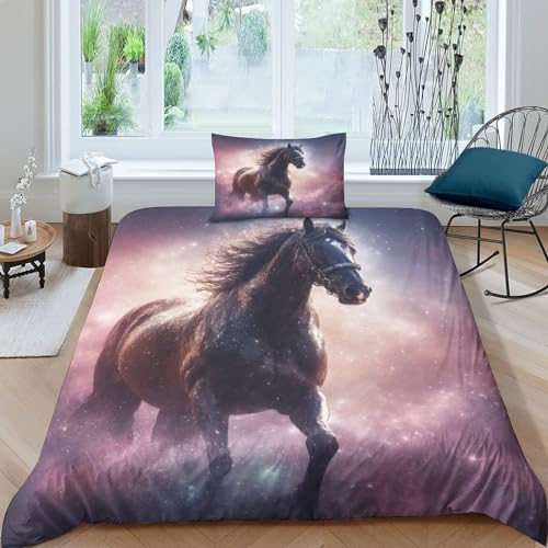 VesFy Bettwäsche Set 3D Kunst Pferd Druck Bettdecke Decken Weiche Microfaser Sterne Bettbezug Und Kissenbezug Mit Reißverschluss Für Jugendliche Kinder Schlafzimmer Single（135x200cm）