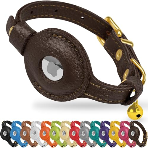 OOPSDOGGY AirTag-Katzenhalsband aus Leder mit Glöckchen, Nicht abreißbar, mit Apple Airtag-Halter, leichtes GPS-Haustierhalsband für Mädchen, Jungen, Katzen, kleine Hunde, Welpen (Brown)