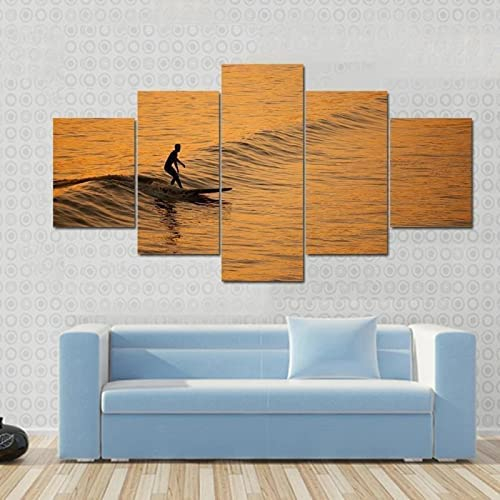 5-Teilige Hd-Bedruckte Leinwand, Wandkunst, Leinwanddrucke Für Wohnzimmer, Moderne Dekoration, Drucke Auf Leinwand Solo-Surfer-Sonnenuntergang 150×100 Cm Home Decor Leinwanddruck Artwork -6H2U+A0I