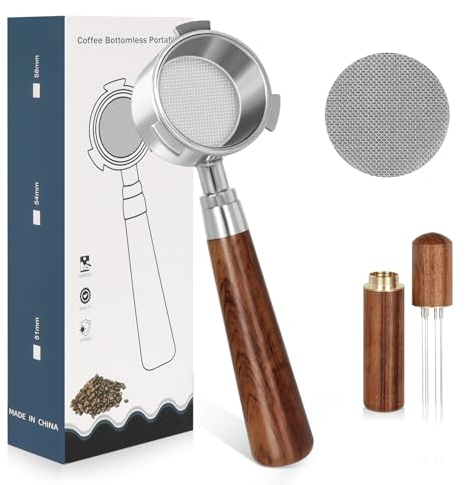 Sindax 51 mm Bottomless Naked Portafilter mit Edelstahl Puck Screen, Holzgriff Siebträger 51mm für Dedica EC680, EC685, mit Filterkorb, Espresso Kaffee Puck Sieb, WDT Tool