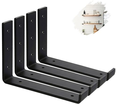 MLOQI 4 Pack Scaffold Board Shelf Brackets with Lips, 5mm Thick Heavy Duty L Wall Brackets for Shelves, Black Industrial Shelves Support (12x6/30cm x 15cm)