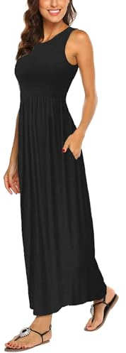 BDTECAOR Lässig Sommer Solid Maxi Kleid Rundhals Ärmellose Lockere T Shirt Lange Kleider mit Taschen Schwarz S