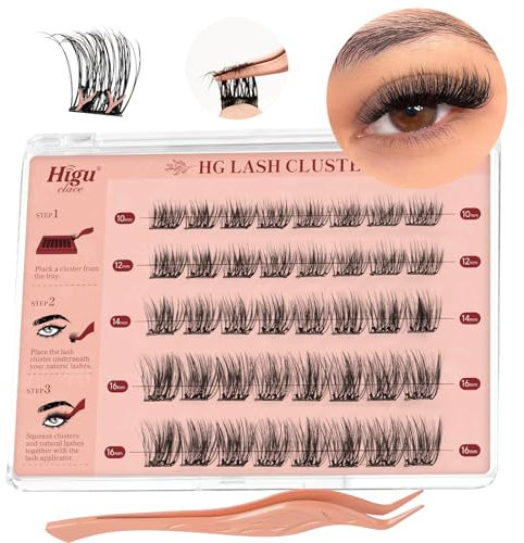 Higu Clace Pre-Glued-Eyelashes Natural Look, Pre-Glued Lashes Mix10-16mm, Self-Adhesive-Cluster Lash D Curl, Press On Eyelash No Glue with Tweezer Easy to Use(Natural 01-10-16MM)