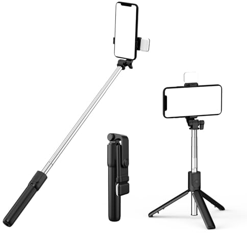 XIHAMA Selfie Stick Tripod with Light,3 in 1 Extendable Selfie Stick with Wireless Remote,Portable Phone Tripod Compatible with iPhone 16/15/14,Galaxy,Huawei,LG(Black+Light)