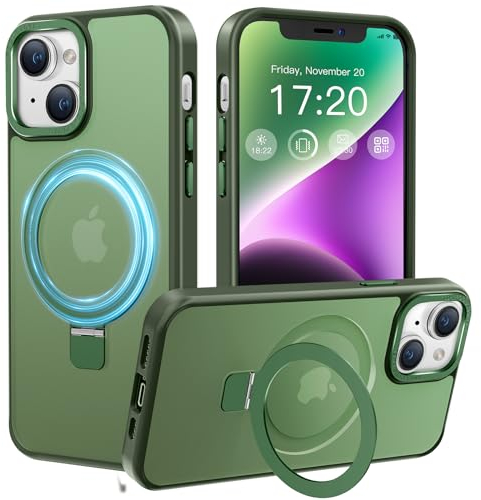 PuyaTeya Handyhülle für iPhone 13/14 Hülle, [mit Unsichtbarem Ständer ][mit Magnetic] Kratzfeste Anti-Fingerabdruck [Transluzente Matte] Hülle für iPhone 13/14 6.1(Dunkel Grün)