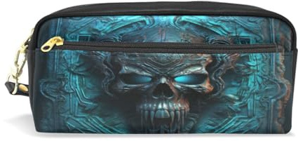 Blauer Totenkopf-Teufel Federmäppchen aus Leder,Mäppchen Schlamperbox Stifttasche,Make-up-Tasche,Organizer für Jungen Mädchen