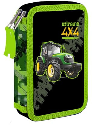Ragusa-Trade Jungen Mädchen Kinder Traktor Bauernhof 2-Fach Federtasche Federmappe Schlamper, leer ohne Inhalt, grün/schwarz, 21 x 13,5 x 4,5 cm