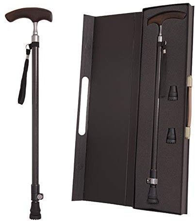 Gehstock mit Box, Teleskop-Gehstock, höhenverstellbar, ultraleichte Krücken aus Kohlefaser mit T-Griff aus Holz und Rutschfester Gummispitze, Balance