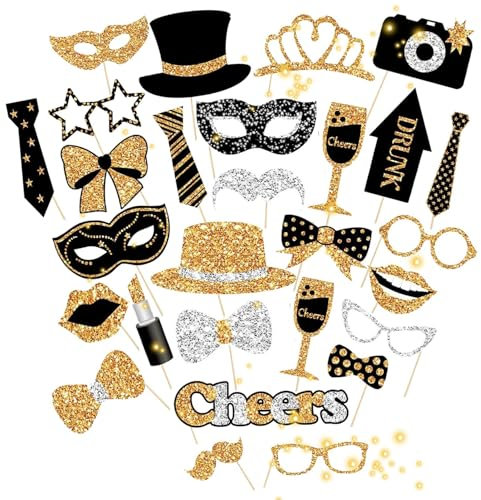 30 Pcs Birthday Party Photo Props,Moustache Lipstick Tie Glasses Party Supplies,PhotoBooth Props Glitter Prom Photobooth Kit,Birthday Photo Booth Accessories For Adult Kid Wedding(Black, Gold)