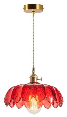 Svetilnikya Industrial Vintage Pendellampe, Retro E27 Messing Finish mit Glas Lotus Lampenschirm Glas Hängelampe für Kücheninsel Schlafzimmer Esszimmer Wohnzimmer (Rot)