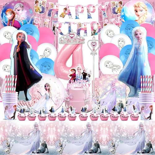 Kit Anniversaire Reine des Neiges 4 Ans - 108 Pièces avec Ballons, Vaisselle, Baguette et Couronne - Thème Frozen