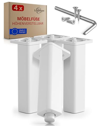 LouMaxx Pieds de Meuble réglables – Lot de 4 Pieds 38x38x150 mm en Blanc avec Plaque de Fixation – Pieds pour armoires et Meubles DIY personnalisés