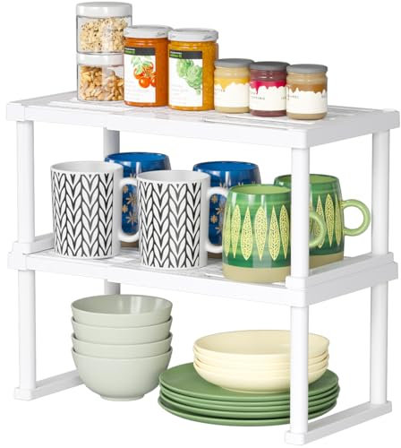 Lifewit Ripiani Cucina Salvaspazio, Set di 2 Scaffale Organizer Mensole Cucina Espandibili, Organizer Cucina Divisorio, Ripiano Armadio Interno, Saccessori Porta Spezie per Cucina, Bianco