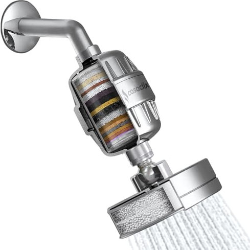 Cascalix 23-Stage Vitamin Shower Head Filter – High Pressure Hard Water Filter with Vitamin A/C/E, Removes Chlorine & Limescale – Shower Filter & Head Combo, Universal Fit, Chrome Finish