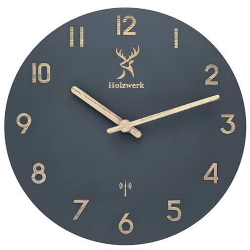 Holzwerk Bamberg (Funk) Natur Holz Funkwanduhr Funk Wanduhr Holz-Uhr Vintage Funkuhr lautloses Uhrwerk ohne Tickgeräusche Grau lautlos aus handgefertigtem Massivholz Natur Holz 25 cm