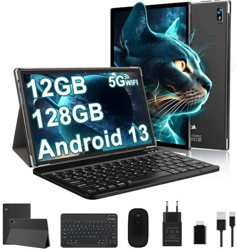 fezawio Tablette 10 Pouces Android 13, 12GO (6 + 6) RAM + 128GO ROM (TF 512GO), Octa - Core 2.0GHz, Batterie 8000mAh avec 5G WiFi, Bluetooth 5.0, Tablette avec Étui De Protection - Noir