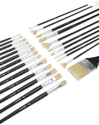 Elan Pinceaux Peinture Manche Long, 24 PCS Synthétiques Imitation Soie de Porc, Biseauté, Plat Court, Éventail, Langue de Chat, Plat, Rond pour Huile