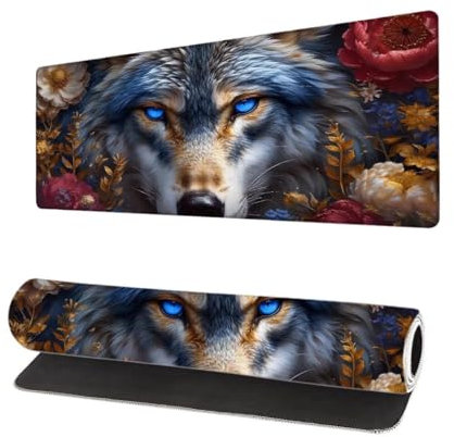 Grand Tapis de Souris XXL 1200x600x3mm, Tapis de Souris Gamer Fleur avec Surface en Antidérapant Résistant à l'eau Tapis de Bureau Mouse Pad Loup, sous Main Souris à Bords Cousus pour Bureau Y-5