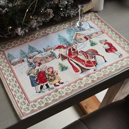 Gobelin Weihnachtstischdecke | Weihnachtliche Tischwäsche | Tischläufer | Tischdecke für Weihnachten und Neujahr (Weihnachtsmann und Kinder (Glitzernde), Platzset 35x45 cm)