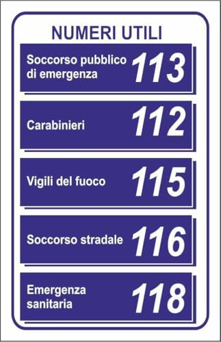 CARTELLO SEGNALETICO - NUMERI UTILI - Adesivo Extra Resistente, Pannello in Forex, Pannello In Alluminio (Alluminio, 20x31 cm)
