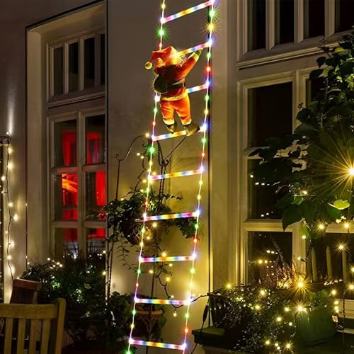 SYFUNLV LED Weihnachtsmann Leiter Märchenlichter 3M LED Weihnachtslichterkette mit Speicher-Timer-Funktion, 8 Modi, Weihnachtsdekoration für Fenster, Balkon, Garten (Farbe, 3m)