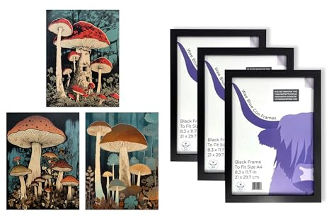 Artery8 Mushroom Wall Art - Set of 3 A4 Sized Art with Black Frames - Cep Fungi Paintings Forest Floor Earthy Calming Tones Botanical Aesthetic