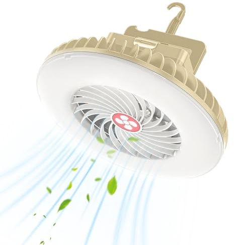 BNGXR LED Campinglampe mit Ventilator USB Aufladbar, Tragbarer Camping Ventilator mit Licht, Zeltventilator mit Aufhängehaken for Wandern, Stromausfall, Angeln (beige)