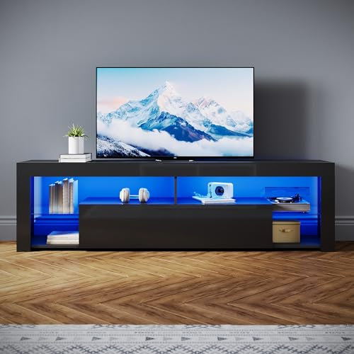SONNI TV-Schrank Modern 180cm, Lowboard Hochglanz Schwarz mit 16 Farben LED-Beleuchtung, Schublade, offene Glasböden, Fernsehtisch für Fernseher bis 65 Zoll Wohnzimmer & Schlafzimmer, 180x35x50.5cm.