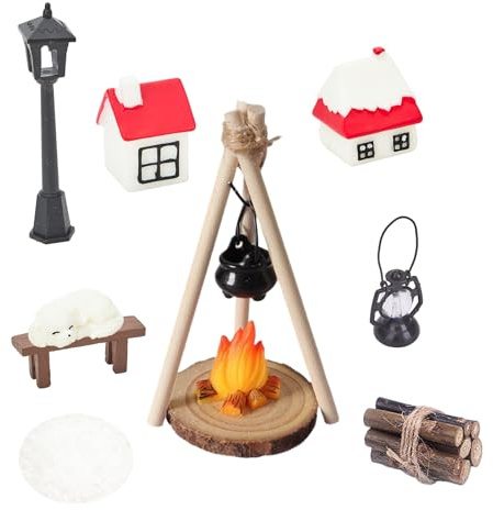 SummitEdge Miniatura casa de muñecas Wichtel Accesorios Navidad, 12 unidades Mini casa de muñecas Wichtel Outdoor Camping Accesorios con miniatura Hoguera Madera Chimenea Godino Muñeco de Nieve Perro
