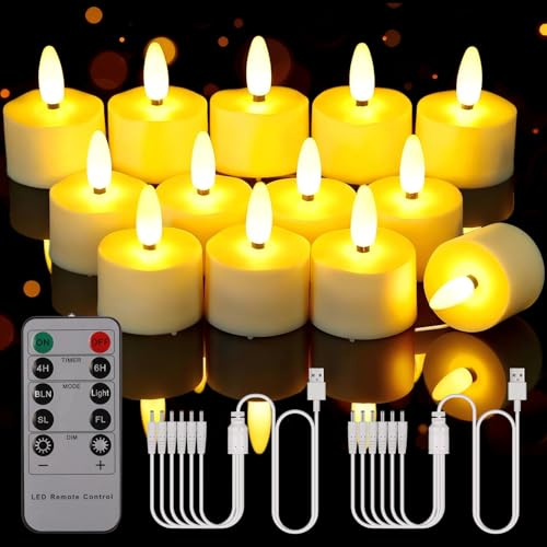 Porashine Wiederaufladbare Teelichter 12 Stück LED Kerzen Flackernd warmweiß/RGB mit Fernbedienung Timer USB Kabel 3D flammenlose für Zuhause Zimmer Tisch Halloween Weihnachten