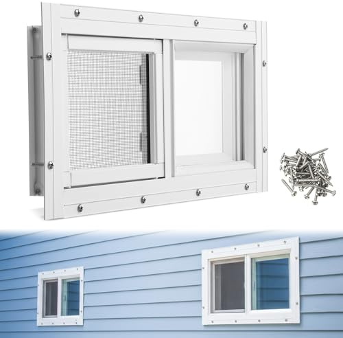 Kathfly 1 Pack Basement Home Window 16'' x 8'' Mini Basement Windows Replacement with Glass Screen and Screws for Home Sheds Barns