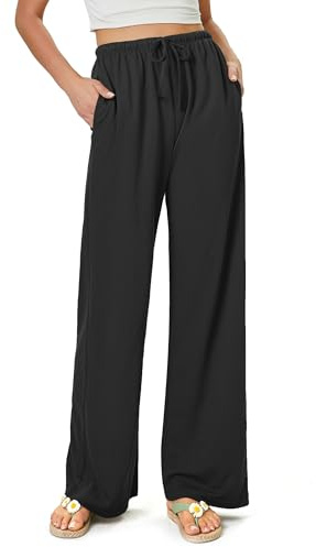 Glacspyg Dames Pantalons de Jambe de Largeur Fluide Casual Pantalons de Plage Taille Haute Cordon Palazzo Pantalons avec Poches