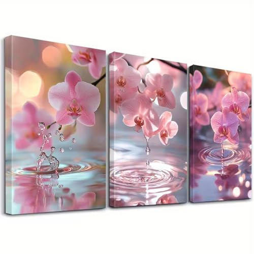 TROYSINC 3-teiliges Frühling Orchidee & Wasserfall Poster Set – Rosa Blumen Bilder, Ohne Rahmen Aesthetic Wandbilder Wanddeko für Wohnzimmer/Küche Dekoration (30x40cm)