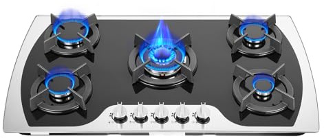 MIUKYUI Grande plaque de cuisson à gaz, de luxe, à 5 feux, 90 cm, avec brûleur Power 10236 BTU en vitrocéramique noire, pour montage et sous-sol, pour NG et LPG, avec régulateur de niveau de 180° et