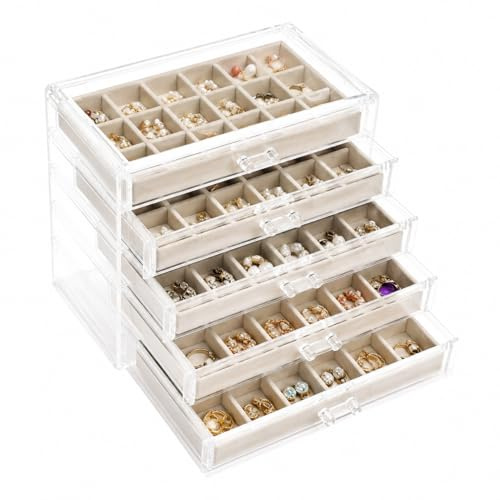 PNSXING Jewelry Organizer Box, Clear Acrylic, 5 Drawers, For Women, Beige | Velvet Lined, Dust-proof, Large Capacity, Tabletop Vanity Storage