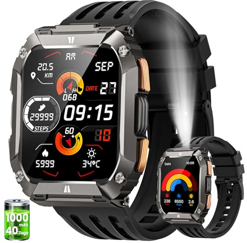 AIMIUVEI Smartwatch Uomo Militare con 1000mAh Batteria e Torcia LED, 2.01 HD Smart Watch Orologio con Chiamate, 110+ Modalità Sportive, Cardiofrequenzimetro, Sonno, 5 ATM, Android iOS