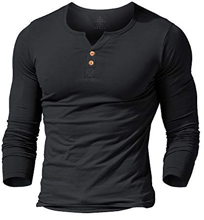 Camiseta Henley Slim Fit Manica Manga Larga Hombre con Botón Camisas Algodón Negro S