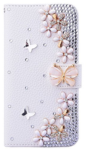 Awenroy Glitter Wallet Case for iPhone 7 / iPhone 8 Luxury Bling Rhinestones Diamonds Pattern and PU Leather Magnetic Flip Cover with Card Slots Holders Wallet Case - White