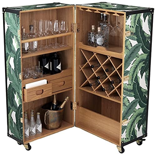 Casa Padrino Luxus Weinschrank mit Rollen Grün/Weiß/Schwarz/Gold 58 x 58 x H. 122 cm - Cocktailschrank - Kofferschrank im Retro Look - Barschrank im Vintage Koffer Design