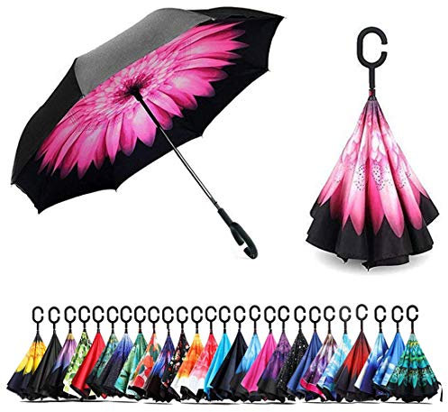 NNY Inc Double Layer Inverted Umbrella Cars Reverse Open Folding Umbrellas, Windproof UV Protection Large Self Stand Upside Down Straight Umbrella for Golf Women and Men with C-Shaped (Pink flowers)
