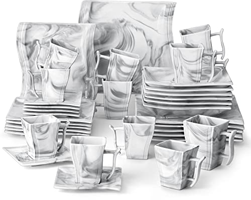 MALACASA Série FLORA, 36 Pcs Service de Table Porcelaine Marbre,Services Complets, 6 Pcs * Assiette Plate, Assiette Creuse, Assiette à Dessert, Tasse, Soucoupe et Mug, Vaisselles Gris Pour Dinner