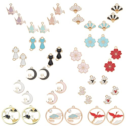 SUNNYCLUE 1 Box 42Pcs 21 Styles Assorted Colorful Enamel Alloy Pendant Charms Golden Plated Fan Sakura Flower Cat Flat Round Japanese Style Pendants for Jewelry Making Crafts Supplies