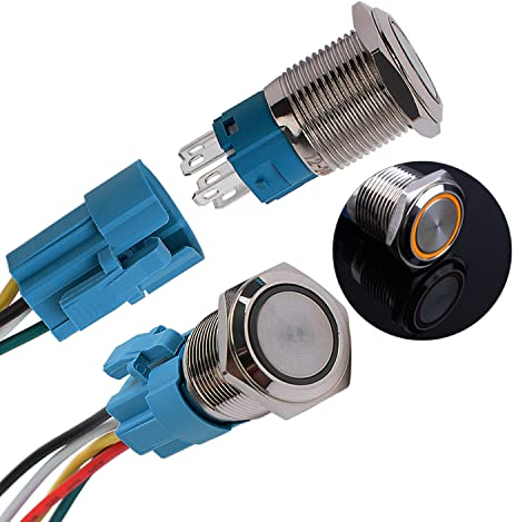 JIQI 2× 16mm 12V bis 24V 3A Verriegelung Druckschalter Metall Rastend EIN/AUS Schalter mit LED Licht IP66 1NO1NC Selbsthemmend wasserdicht vorverdraht Druckknopfschalter für Van KFZ DIY Motorrad(Gelb)