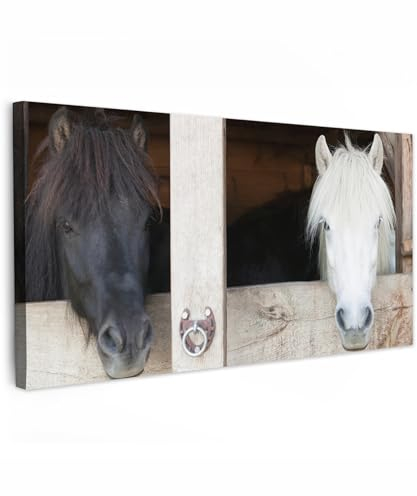 MuchoWow Leinwand Bilder, Einzigartige Wanddeko mit Rahmen, Pferde - Pferdestall - Regale, Wandbilder Wohnzimmer, Deko Schlafzimmer 80x40 cm