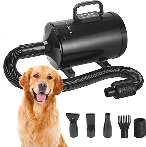 Hoapin Asciugacapelli per Cane, Temperatura e velocità del Vento Regolabili con 4 ugelli e Display Digitale, Toilet, Asciugacapelli Professionale per Animali Domestichi (nero)