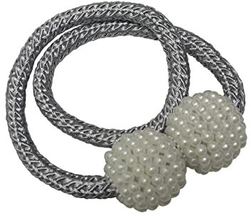 Gardinia Raffhalter für Vorhänge und Gardinen, Mit Magnet zur einfachen Befestigung, Ø Kugel ca. 32 mm, Ø Schnur ca. 8 mm, Magnetische Raffspange, Flex-V, Silber, 48 cm