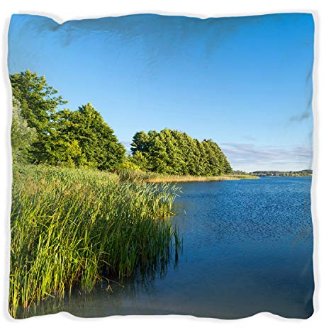 Wallario Dekokissen 30 x 30 cm mit schwarzer Rückseite, Malerischer See mit Schilf unter blauem Himmel, Kuschelkissen mit weicher Plüsch-Oberfläche